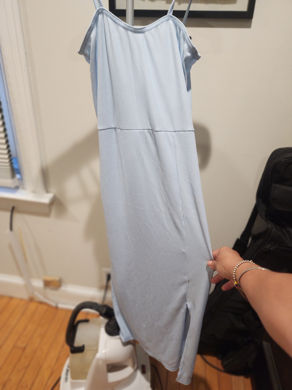 PrettyLittleThing Pale Blue Ribbed Spaghetti Strap Midi Dress